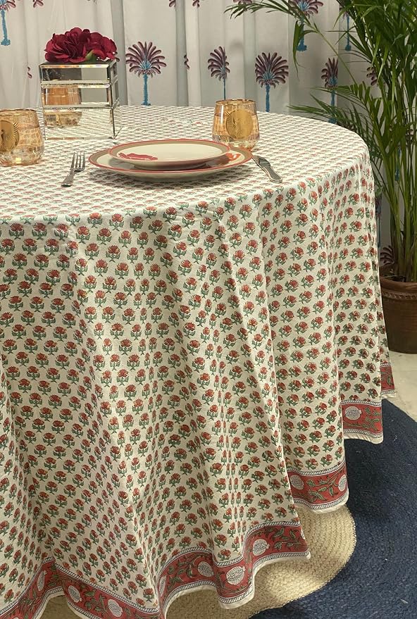 Ridhi Round Tablecloth Hand Block Print 100% Cotton Reusable Meca Orange 60 Inch Table Cover Decorative Everyday Use for Dining, Home, Party, Wedding, Farmhouse, Party Gift for Spring, Mother's Day