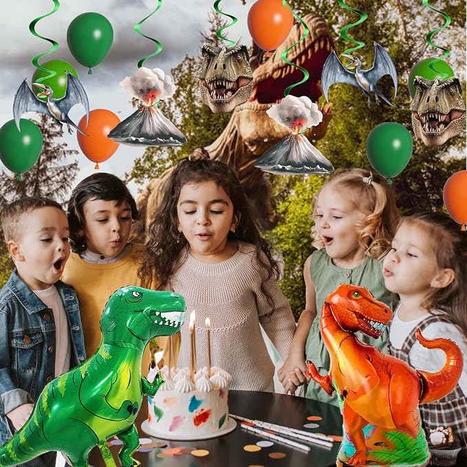 Dinosaur Birthday Party Decorations Set, 59x39in Jungle Prehistoric Photography Backdrop, T-Rex Foil Balloons, Latex Balloons, Tablecloth, Cake Toppers, Dino Roar Theme Supplies for Boys Kids