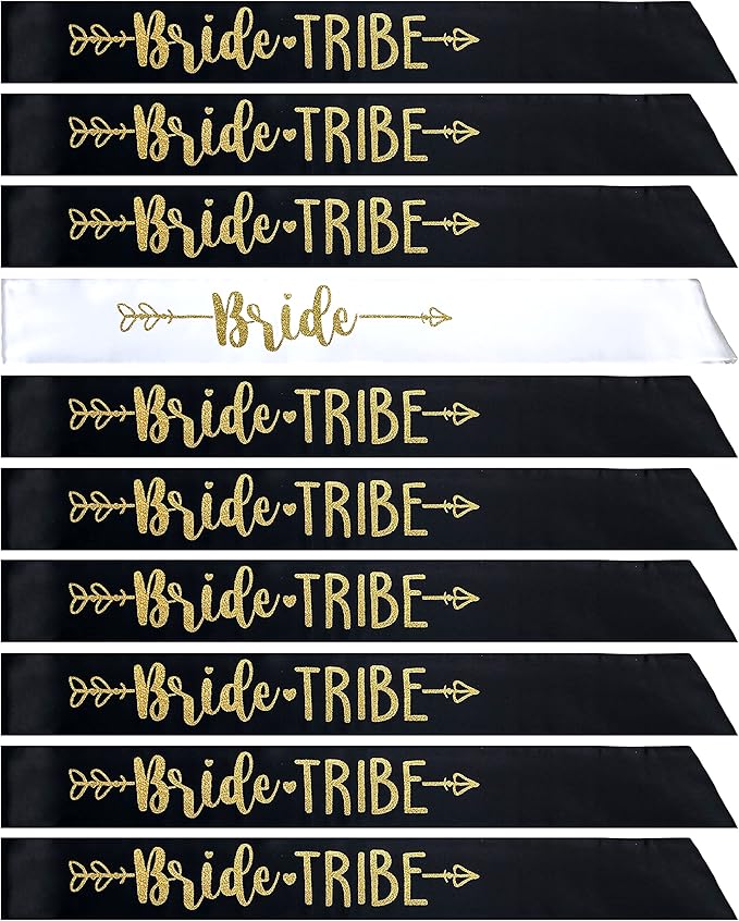 Bride Tribe 7pc or 10pc Satin Sash Set - Sophisticated & Fun Party Favors for Bachelorette Party, Bridal Shower & Wedding Party (Black & Gold, 10pc Set)