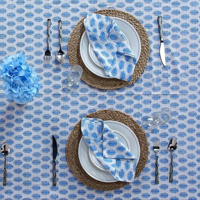 Ridhi Cerulean Blue Hand Block Print Cotton Rectangle Tablecloth 102" x 48" inches Reusable Table Cover Decorative Everyday Use for Dining Room, Farmhouse, Home Gift for Spring, Mother's Day
