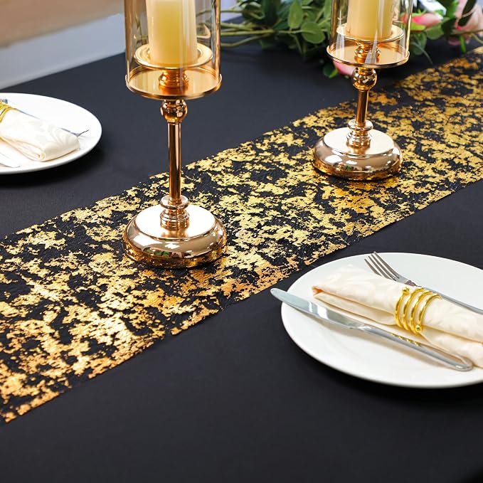 Snowkingdom 2 Pcs Black and Gold Table Runner, 11 x 108 Inch Gold Metallic Foil Glitter Runners for Party, Table Centerpieces Decorations for Birthday Wedding Graduation Fall Thanksgiving Christmas