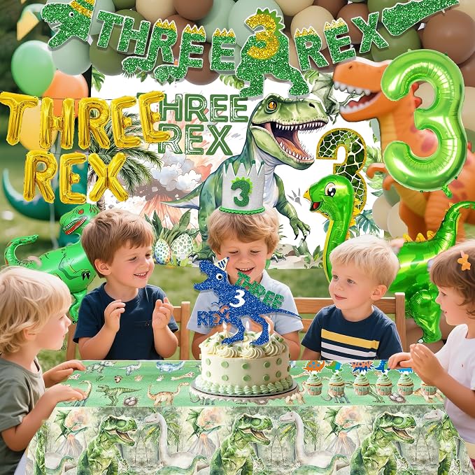 Three Rex Birthday Party Decorations for Boy 3rd Birthday Party Supplies Include Three Rex Balloons Banner Backdrop Tablecloth hat Cake Toppers swirls for 3 Rex Birthday Decorations Boys