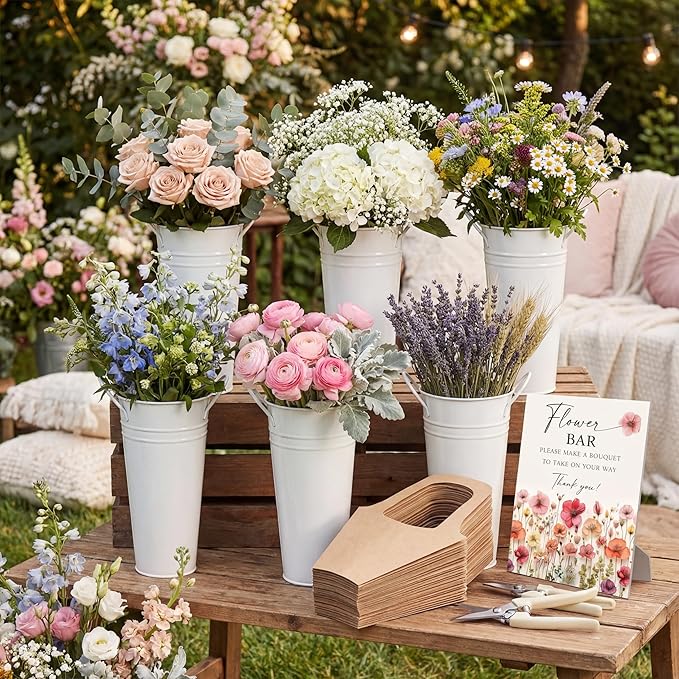 LEIFIDE Flower Bar Buckets Set Kit Bloom Bar Supplies Include Wood Sign Gift Bags Iron Bucket Garden Flower Shears for Wedding Bridal Shower Graduation Birthday Table Centerpieces(39 Pcs,Light Beige)