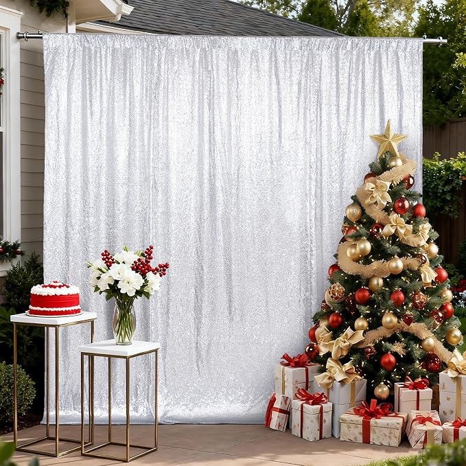 SquarePie 6x8ft Silver Sequin Backdrop for Photography, Satin-Backed Real Sequin Curtain, Enhanced Coverage Shimmering Background with 4" Rod Pocket for Wedding, Birthday, Party Decor, 1 Panel