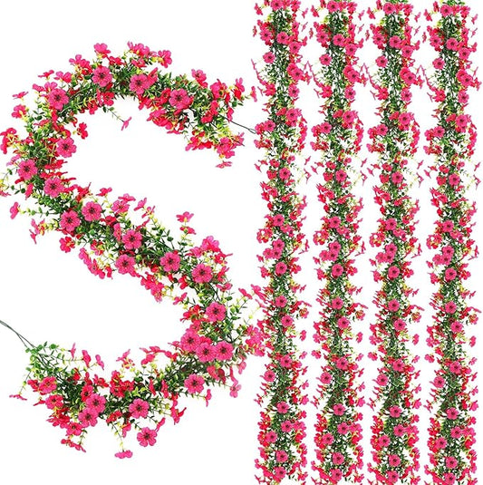 4 Pcs 6 ft Artificial Flowers Wisteria Garland-Total 24 ft Fake Hanging Wisteria Flowers Green Vines Garlands, Faux Flower Daisy with Eucalyptus Leaves for Garden Decor (Magenta)