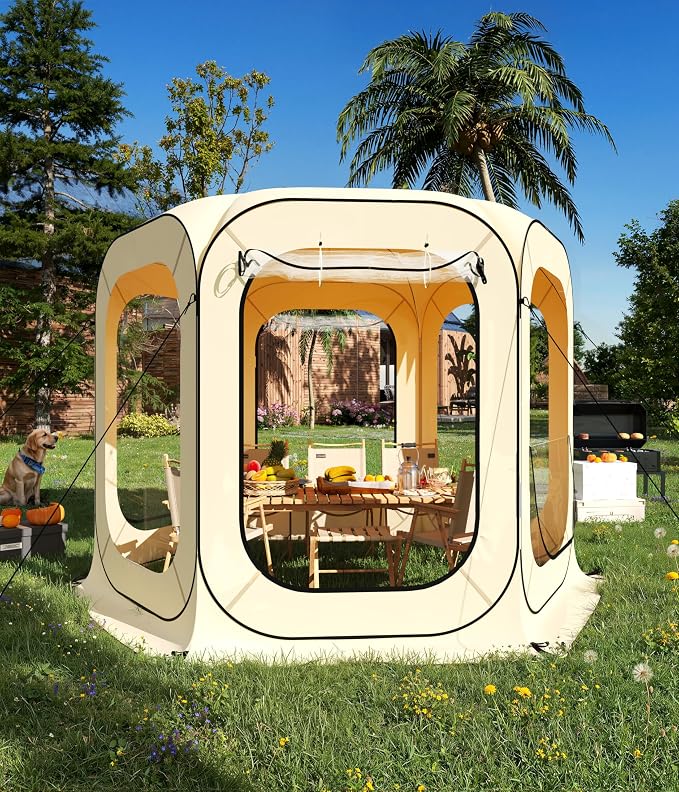 Garvee 10x10 Ft Pop Up Screen Tent, 6-8 Person Portable Screen House Room Instant Bubble Tent Shelter, Rainproof Camping Sun Shelter Coldproof for Patio, Backyard, Deck, Sports Events, Beige