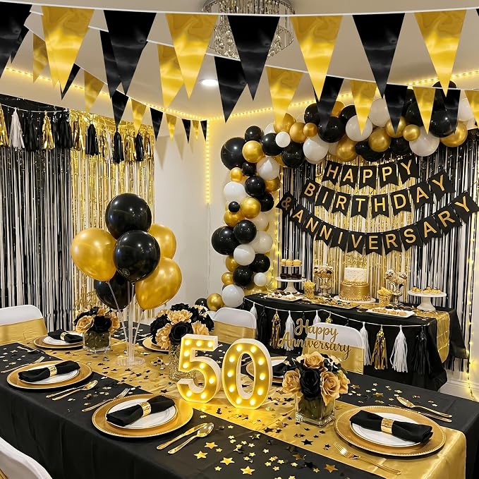 40M/130FT Black Gold Triangle Pennant Banner Flag Metallic Fabric Bunting Garland for Christmas Wall Hanging,Graduation Decorations, New Years Decorations,Father' Da
