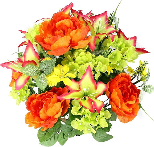 Admired By Nature 24 Stems Spring Bush Artificial Hydrangea Flowers, Tiger Lily, Peony Bush Foliage Cemetery Grave Home Office Wedding Floral Arrangements Decor, Yellow Orange Beauty Kiwi
