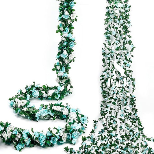 Miracliy 8Pcs 66FT Blue Flower Garland, Artificial Rose Floral Vines Fake Hanging Spring Flower Garland for Wall Backdrop Wedding Arch Tea Party Door Mantle Decoration (Each Pcs 8.2FT)