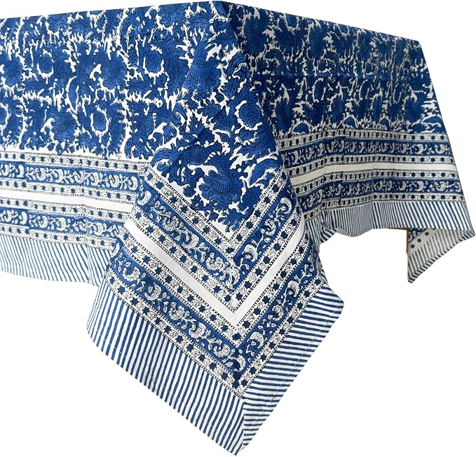 ATOSII Paradise Blue 100% Cotton Rectangle Summer Tablecloth, Handblock Floral Print Linen Table Cloth for Kitchen Dining I Parties, Weddings, Outdoors, Decor 60 X 90 Inches