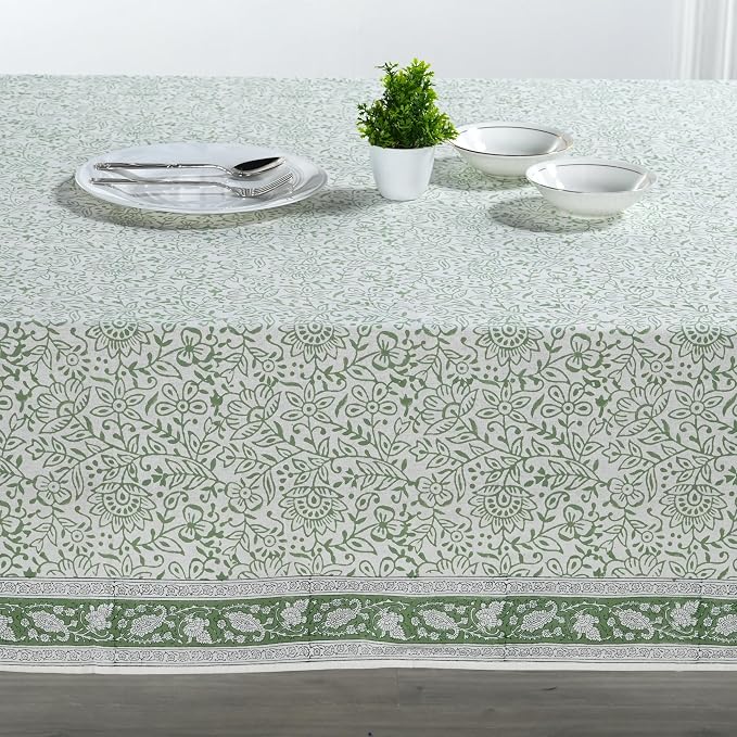 Ridhi Green Jal Hand Block Print Cotton Rectangle Tablecloth 160" x 72" inches Reusable Table Cover Decorative Everyday Use for Dining Room, Farmhouse, Home Gift for Spring, Mother's Day