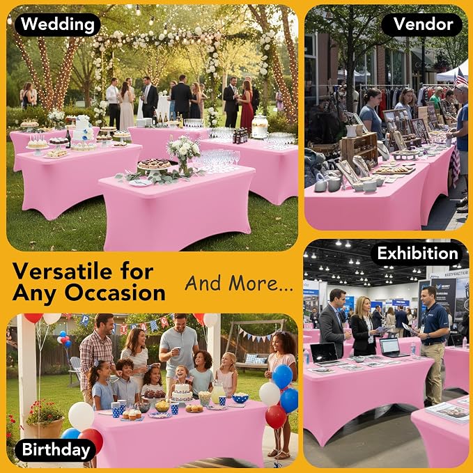 6-Pack Premium Pink Spandex Tablecloths for 8ft Rectangle Tables, Stain & Wrinkle-Resistant, Washable Stretch Polyester Fitted Table Cover for Weddings, Banquets, Trade Shows Events
