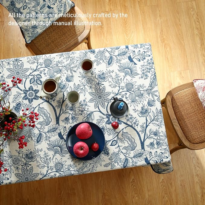 ISAENNE Designer Vintage Linen Rectangular Tablecloth,94"x63"-Ruyi B | French Elegant Table Cloth Rectangle Table,Blue Floral Pattern,Decor,Heavyweight,Dining,Kitchen,Tea Party,Thanksgiving