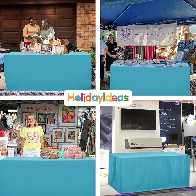HolidayIdeas 4-Pack 6ft Open Back Fitted Tablecloths for Craft Shows Teal | 3-Sided coverage wrinkle resistant tablecloths for vendor booths,banquet events,outdoor pop-up shop