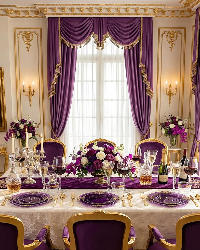 Nervure 350PCS Purple Plastic Plates - Disposable Purple Gold Party Plates & Pre Rolled Napkins with Cutlery for 50 Guests, 100Plates, 150 Silverware, 50 Cups, 50 Napkin for Wedding & Party & Bridal