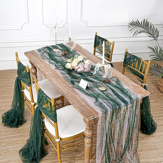 Pearl Tulle Table Runner Fabric: 10ft Seasonal Veil Dessert Lace Chiffon Boho Glitter Overlay Wedding Aisle Runner Party St. Patrick's Day Decorations Doilies Emerald Green