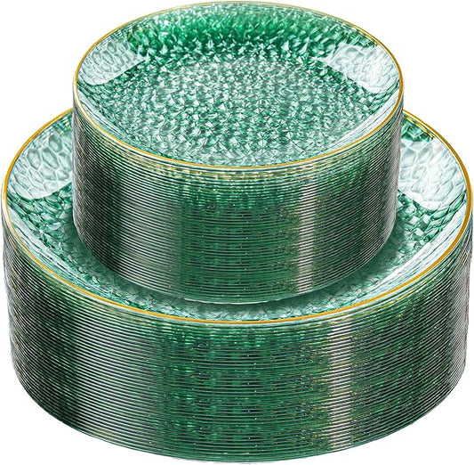 Rubtlamp 60 Green Plastic Plates, Hammered Clear and Gold Disposable Plates, Grenn Disposable Plates Include 30 Dessert Platos, 30 Dinner Platos for Party
