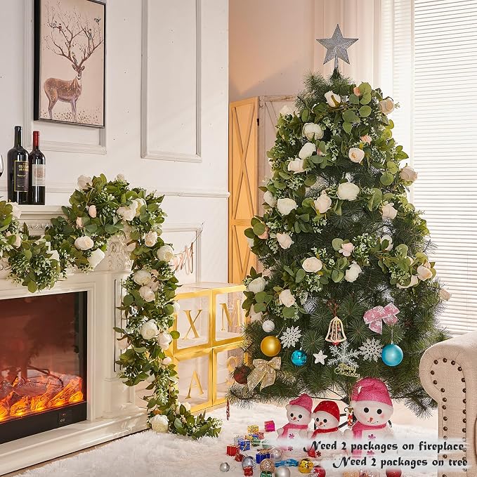 PONKING Flower Garland Artificial Rose Vine Flowers Hanging Fake Roses Vines for Wedding Birthday Party Valentines Christmas Room Wall Arch Decor, 2 White & 1 Light Pink Floral Garland Decorations
