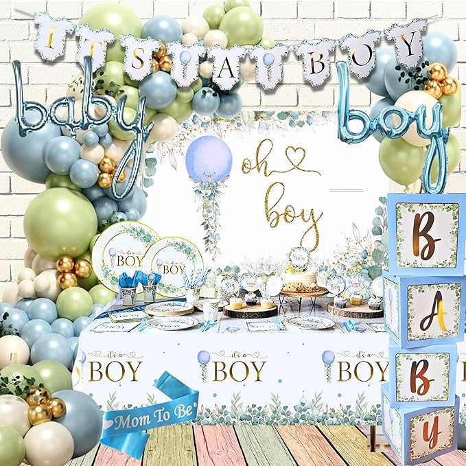 MEGA 254 Pc Watercolor Dusty Blue And Sage Green Baby Shower Decorations Boy, Gender Neutral Balloons Garland Kit, BABY boxes, Backdrop, Banners, Cake Topper, Tablecloth, Plates Napkins, Cups Utensils