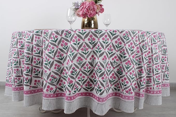 Ridhi Round Tablecloth Hand Block Print 100% Cotton Reusable Pink and White 110 Inch Table Cover Decorative Everyday Use for Dining, Home, Party, Wedding, Farmhouse Gift for Spring, Mother's Day