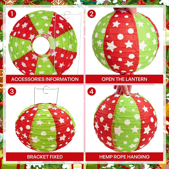 12 Pcs Red Green Christmas Hanging Paper Lanterns 8 Inch Christmas Party Lanterns Indoor Outdoor Decorative for Xmas Holiday Party Baby Shower Birthday