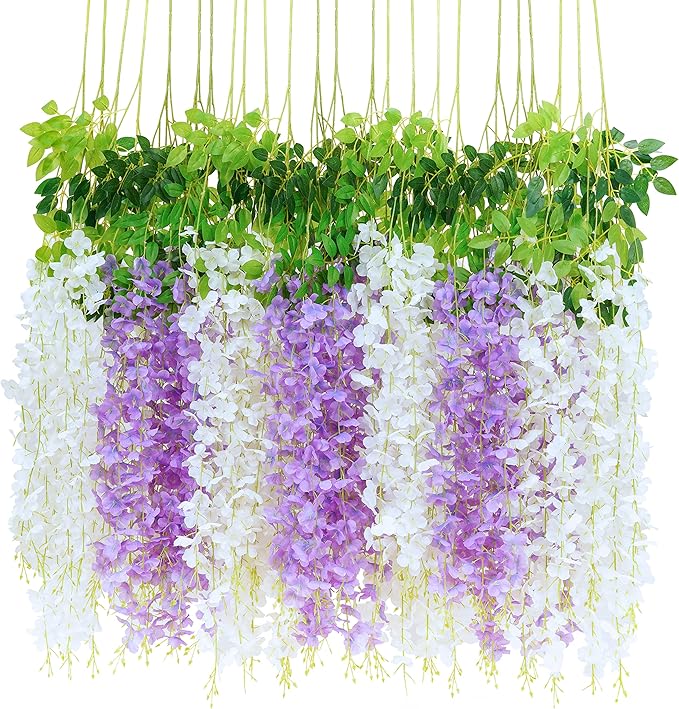 BLEUM CADE 36Pcs White & Purple Fake Wisteria Hanging Flowers, 3.6Ft/Pcs Artificial Wisteria Garland, Hanging Flowers for Wedding Party Home Backdrop Wall Decoration