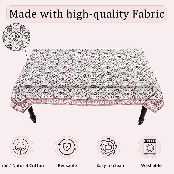 Ridhi Ruby Red Hand Block Print Cotton Rectangle Tablecloth 108" x 70" inches Reusable Table Cover Decorative Everyday Use for Dining Room, Farmhouse, Home Gift for Spring, Mother's Day