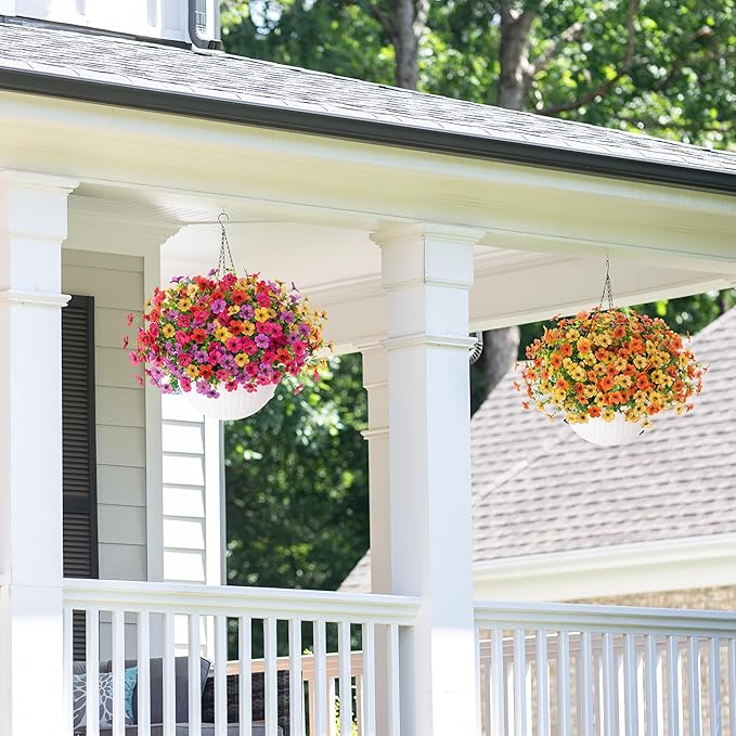 HyeFlora Artificial Faux Hanging Flowers Plants Basket for Outdoor Outside Porch Spring Decoration, Fake Silk Hotpink Daisy UV Resistant Look Real in Planter for Home Patio Balcony Garden