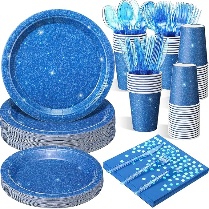 Hushee 175 Pcs 25 Guests Dark Blue Paper Party Plates and Cups Napkins Sets Holographic Glitter Disposable Dinnerware Plastic Forks Knives Spoons Birthday Bachelorette Wedding Party Supplies