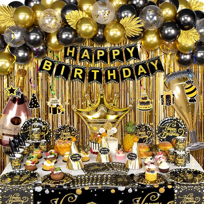 HJINGY Black and Gold Birthday Party Decorations, Happy Birthday Party Supplies for Men Women Includes Balloons, Curtains, Banner, Hanging Swirls, Tablecloth, Plates, Cake Toppers for Party
