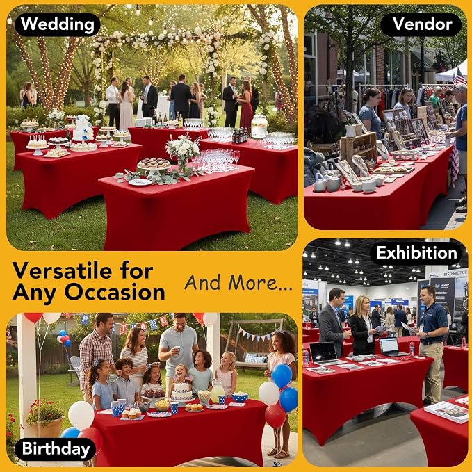 6-Pack Premium Red Spandex Tablecloths for 6ft Rectangle Tables, Stain & Wrinkle-Resistant, Washable Stretch Polyester Fitted Table Cover for Weddings, Banquets, Trade Shows Events