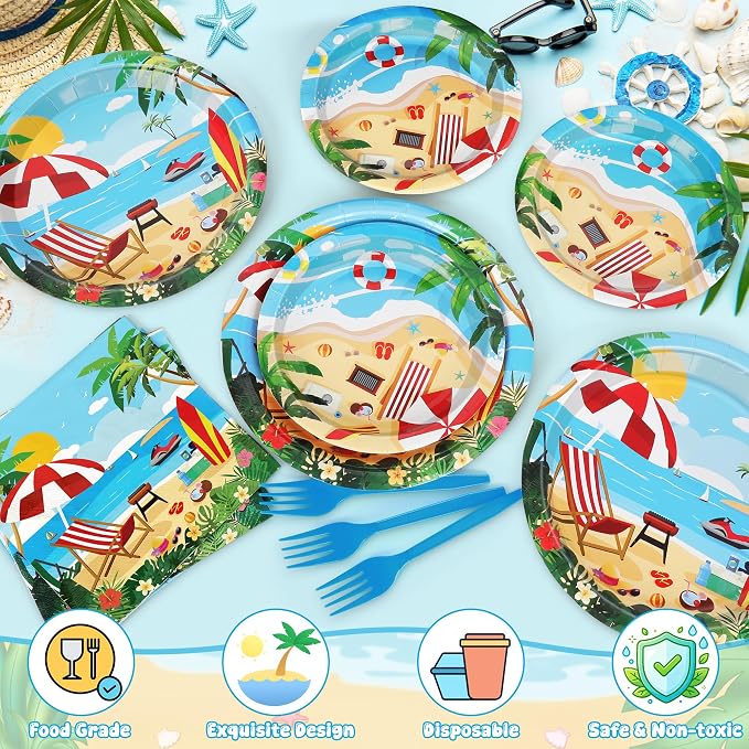 QZYL 122PCS Summer Plates and Napkins, Disposable 9" and 7" Beach Paper Plates Summer Party Decorations, Seaside Plates, Napkins, Forks, Tablecloths Serves 30, Birthday Picnic Beach Party Decorations