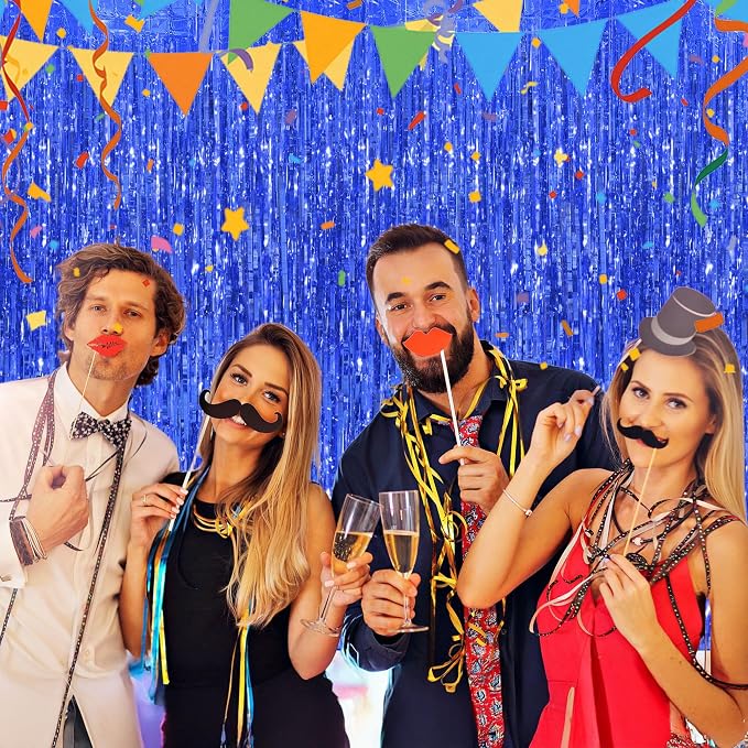 JOYIT 2 Pack Blue Tinsel Backdrop - 3.28 ft x 6.56 ft Fringe Backdrop, Glitter Foil Fringe Curtains for Party Decorations, Birthday, Bachelorette, Graduation, Wedding (Blue, 2 Pack)