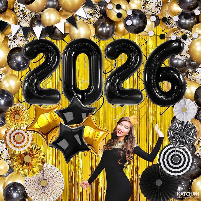 KatchOn, Happy New Years Decorations 2026 Black and Gold Set - Big Pack of 115 | Happy New Year Balloon Arch Kit | Black 2026 Balloons, Fringe Backdrop | New Years Eve Party Supplies 2026