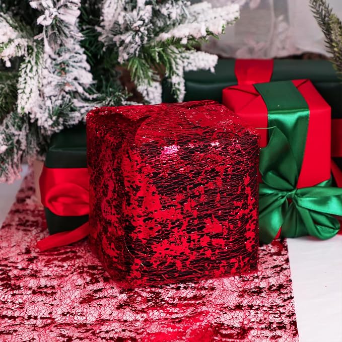 Snowkingdom Red Sparkly Table Runner Glitter Sequin Glitter Metallic Foil Mesh Lace 11 Inch x 49 Feet Long Roll Centerpieces Decorations for Wedding Anniversary Mother's Day Valentine Party Birthday