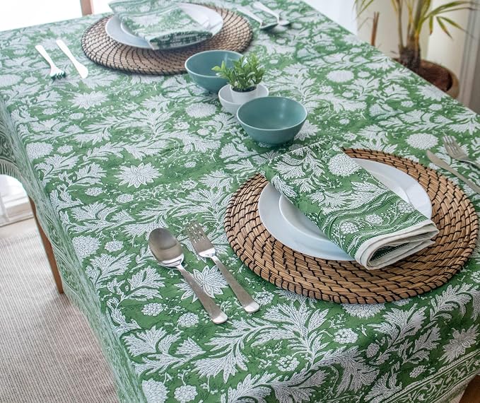 Block Print Table Cloth- Green 60x90 Inch Rectangle 100% Cotton Handmade Pre-Shrink, Washable for Spring, Kitchen & Dining Perfect for Chirstmas, Patio, Indoor & Outdoor, Farmhouse
