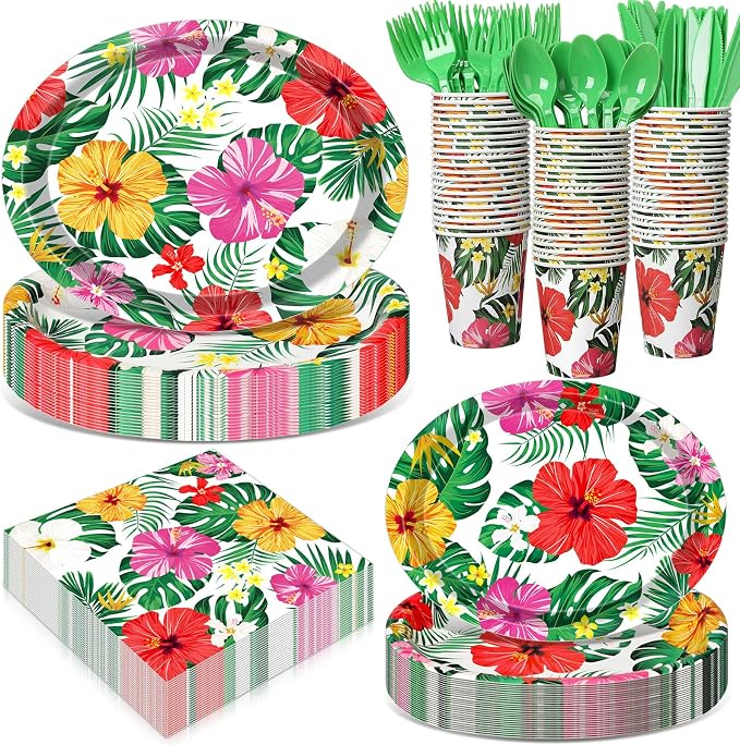 Pajean 350 Pcs Luau Tropical Party Supplies 12 in Disposable Hawaiian Luau Oval Plates and Napkins Palm Leaf Heavy Duty Paper Tableware Set for 50 Guests Summer BBQ Pool and Beach Party Decorations