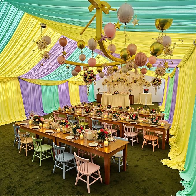 20ftx40ft Light Yellow Ceiling Curtain for Wedding Parties – 4 Panels Wrinkle-Free 40 FT Long Tent Draping Curtains for Wedding, Birthday & Theme Parties, 40ft Height with Rod Pocket