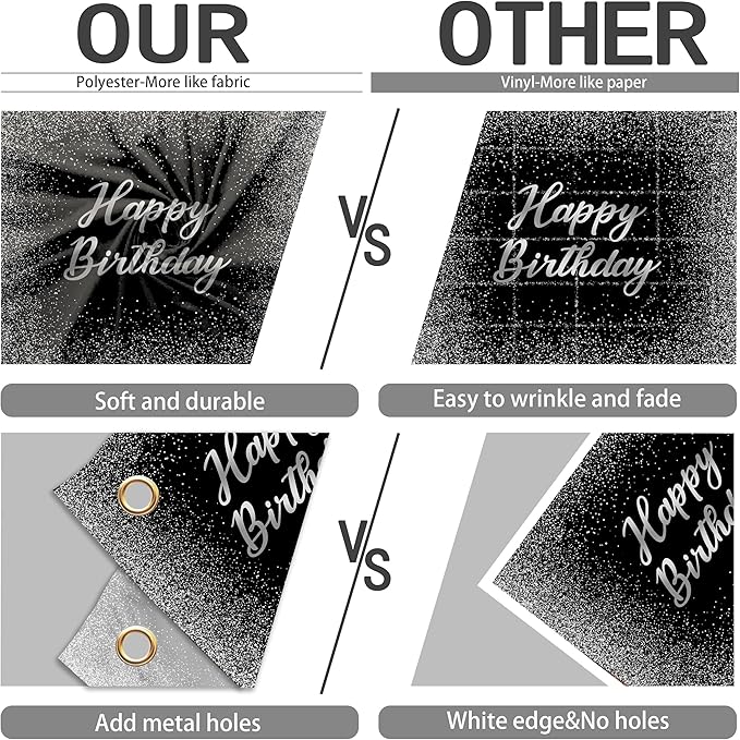Birthday Photography Backdrop 10 x 8 ft Black and Silver Glitter Spots Happy Birthday Background Sign Cake Table Decorations Banner for Women Men Adults Kids Birthday Party Supplies