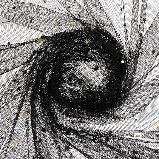 uxcell 60" x 8.7 Yard Tulle Fabric Star Moon Sequin Tulle Ribbon Rolls for Wedding Party Backdrop Stage Tutu Dress Bridal Veil DIY Sewing Crafts Decoration, Black