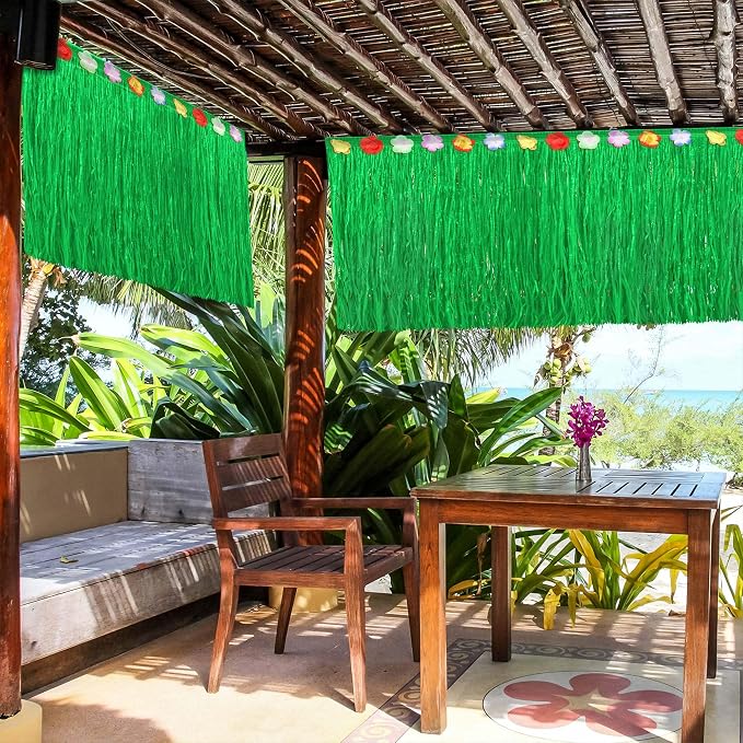 Fovths 4 Pack Luau Grass Table Skirt Natural 9 Feet x 29.5 Inch Hawaiian Table Skirt for Tropical Hawaiian Party Decorations Luau Party Costume Party, Green