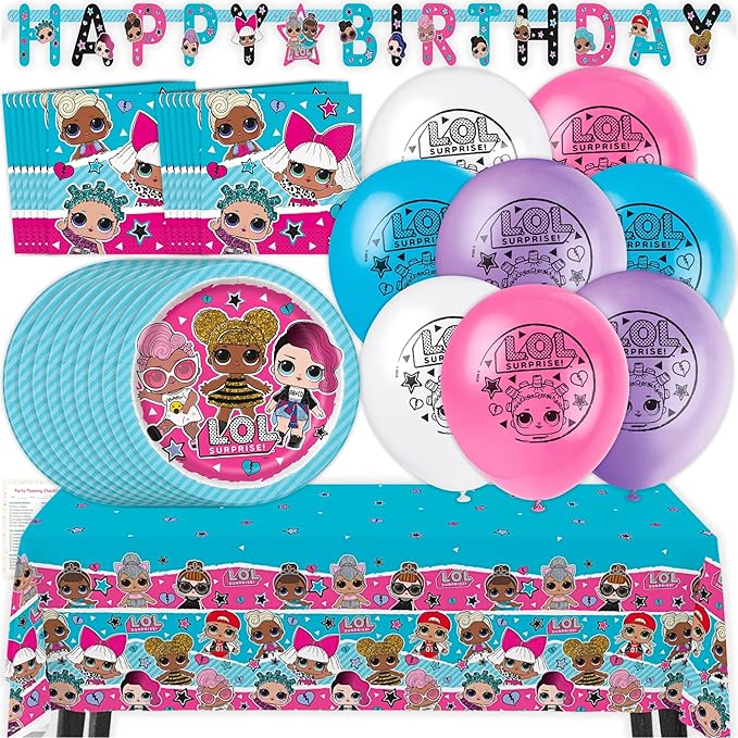 LOL Birthday Party Decorations - 16 Guests LOL Party Pack with Banner, Balloons, Plates, Napkins, Tablecloth, Checklist - Officially Licensed