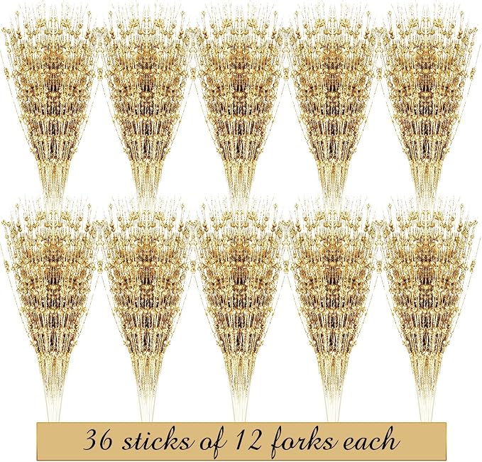 Geosar 30 Pcs Artificial Glitter Berry Stem Decorations 17 Inch Faux Stick Floral Pick Centerpiece Bouquet Flower Bead Twigs for Centerpiece Tree Wreath Ornaments Home(Gold)