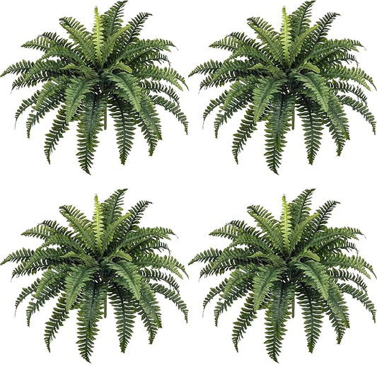FOREST PRINCE 35" Fake Ferns, 4 Large Artificial Bonston Ferns Bushes Plants with 39 Fronds for Outdoors Garden Patio Porch Entrance Low Maintain Home Decor