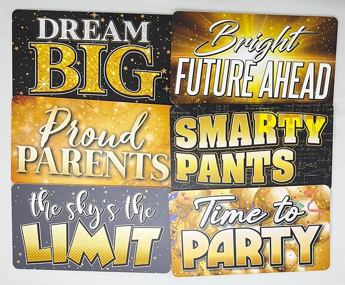 KING PROPS Graduation Photo Booth Prop Decorations 6 Count, Any Graduation Party, Water Proof Multi Color Double Sided Gold and Black Selfie Photoshoot Party Props