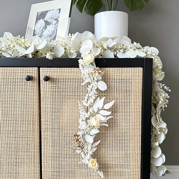 CQURE 2Pack Eucalyptus Garland,Artificial Eucalyptus Leaves Flowers Table Greenery Garland Wreath Vines for Wedding Party Fireplace Bedroom Room Decor