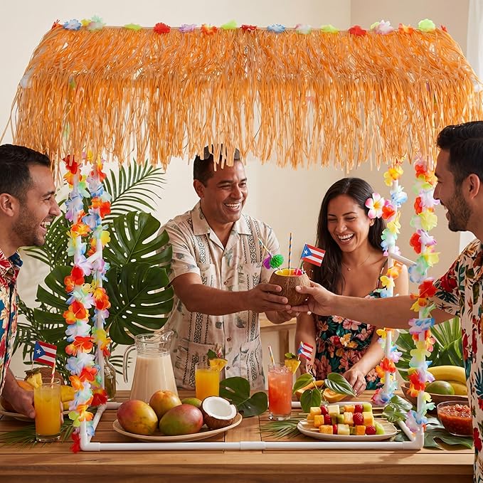 8 Pcs Tiki Bar Stand Supplies Tiki Hut Decorations Hawaii Luau Party Decorations with 1 Set White Plastic Stand 1 Thatch 2 Monstera Leaf Banners 4 Tinsel for Summer Party Supplies Outside Patio
