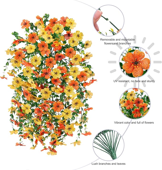 HyeFlora Artificial Flowers for Outdoors Decoration, 2Pcs Fake Hanging Spring Decor, Yellow and Orange Realistic Plants, UV & Fading Resistant Silk Flower for Porch Patio Balcony Planter Yard