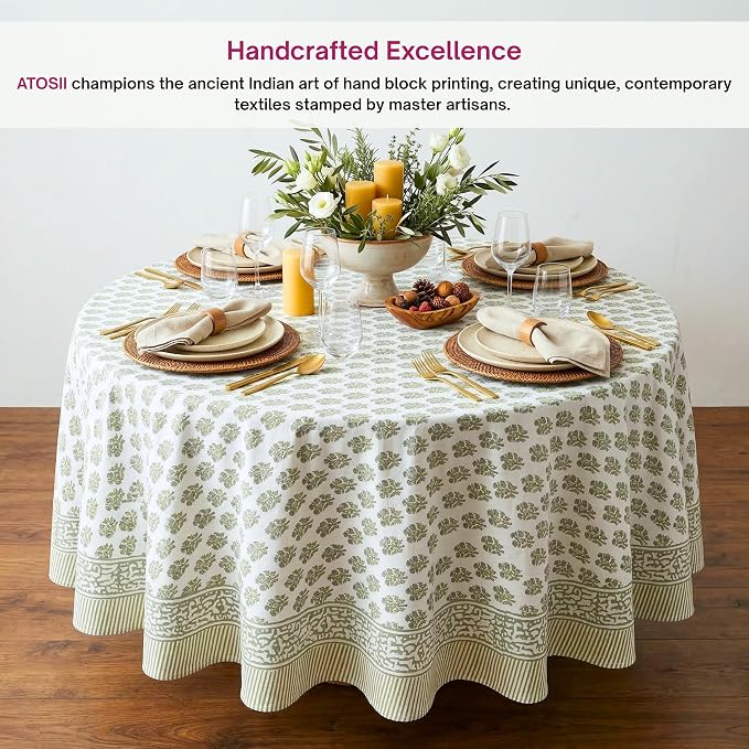 ATOSII Ivy Green 100% Cotton Round Boho Fall Tablecloth, Handblock Floral Table Cloth Linen for Kitchen Dining I Parties Weddings Outdoors Picnics Easter Mothers Day I 90" Inches Round I 6-8 Seater