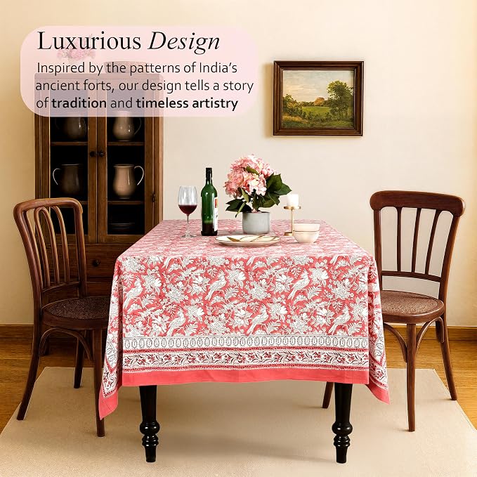 CPC Tablecloth 100% Cotton 70x118 Inch Indian Block Print Rectangle Table Cover, Table Cloth for Weddings, Spring/Summer, Barbeque - Pink Coral